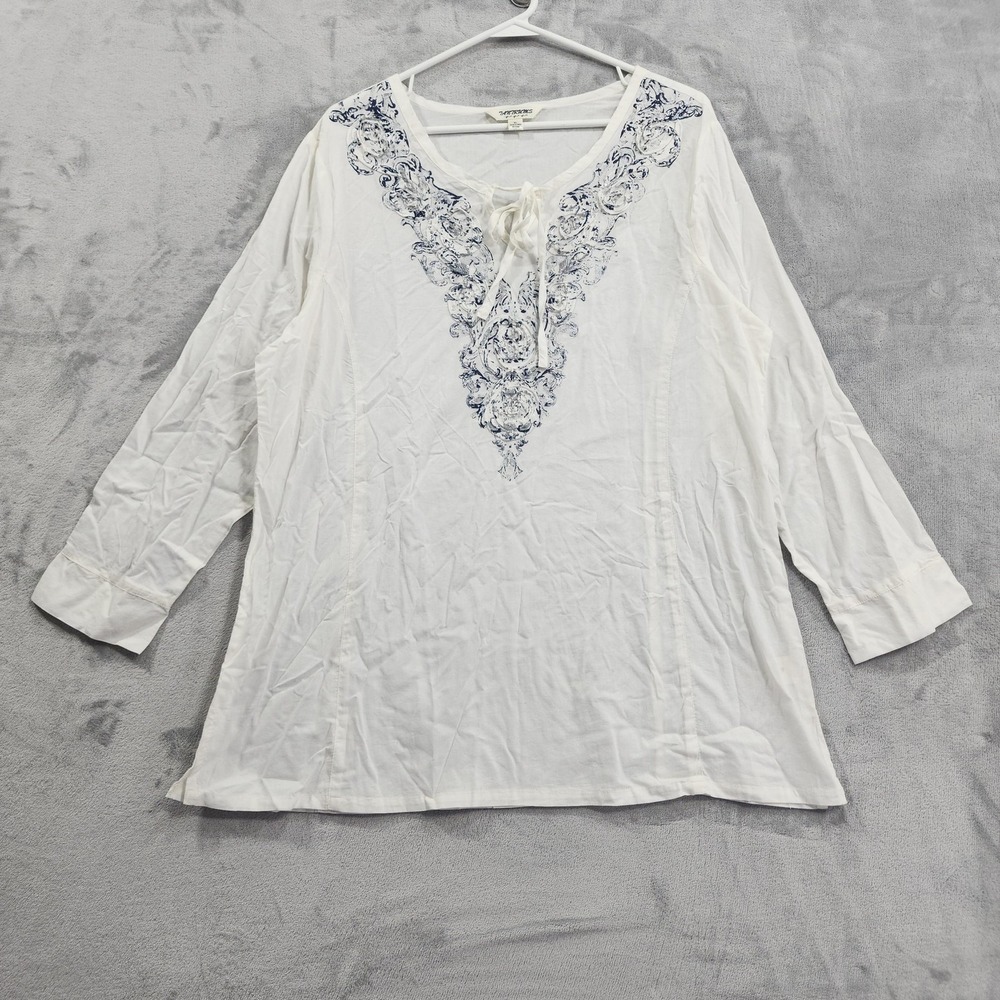 Tantrums Top Womens XL White Embroidered Sequin Tunic 3/4 Sleeve Boho Tie Neck